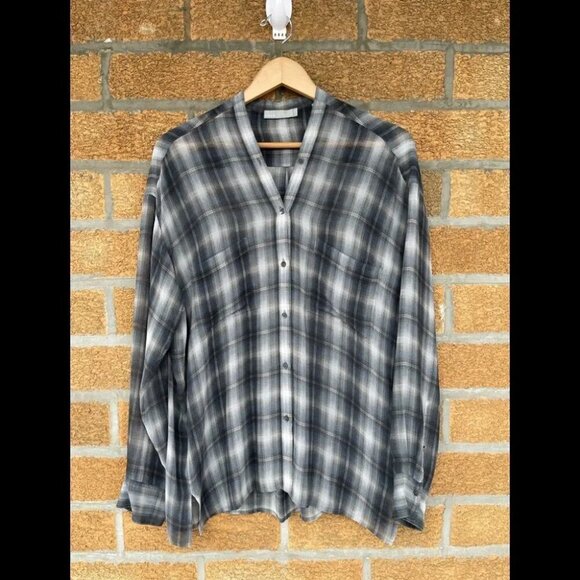 Vince Shadow Plaid Silk Georgette V Neck Blouse Large - Picture 3 of 12